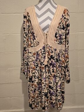 Torrid Size 2X (18-20) Sand Floral Gauze Lace-Up Skater Boho Dress NWOT!